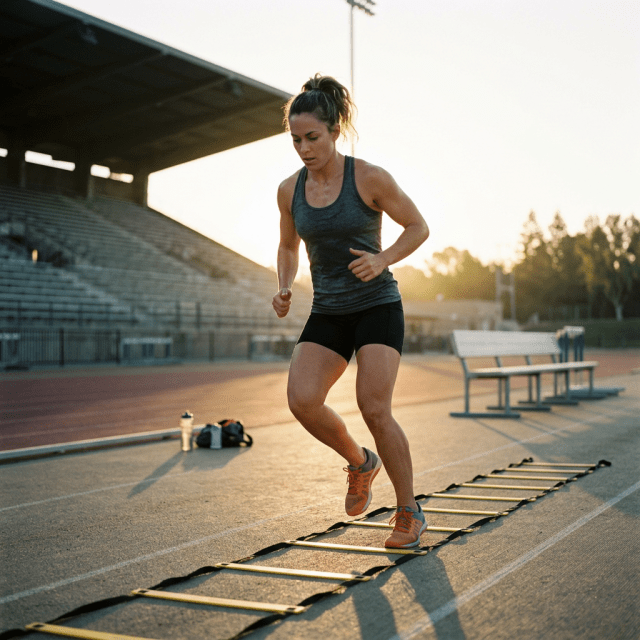 Woman in athletic wear doing agility ladder exercises on outdoor track